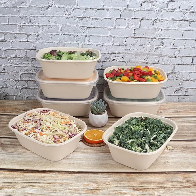 44 oz Disposable salad bowls with lids, Sugarcane Fiber Paper Bowls take away Bagasse food containers meal prep deli container 50 Pack