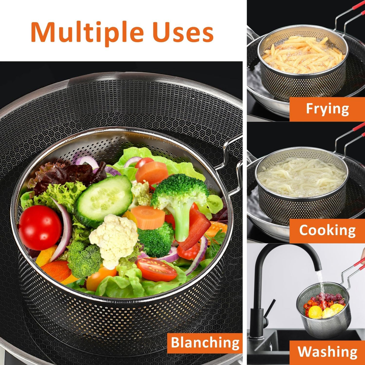 Deep Fryer Basket, 7.8''x4'' Fry Only, Round Stainless Steel Frying Baskets with Heat Resistant Silicone Handle, for Kitchen Cooking Strainer Colander, Serving Food, Ideal for Gift, 3-Quart