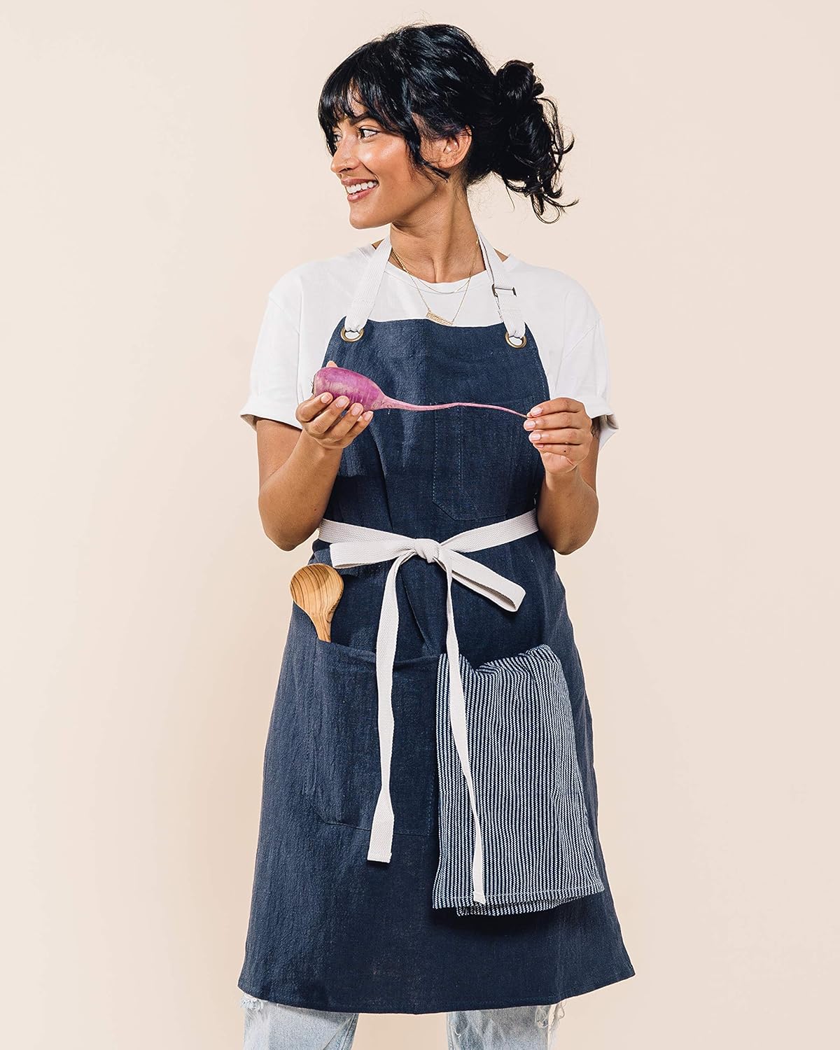 Caldo Linen Kitchen Apron for Cooking- Mens and Womens Linen Bib Apron for Professional Chef, Server, or Barista- Adjustable with Pockets (Navy)