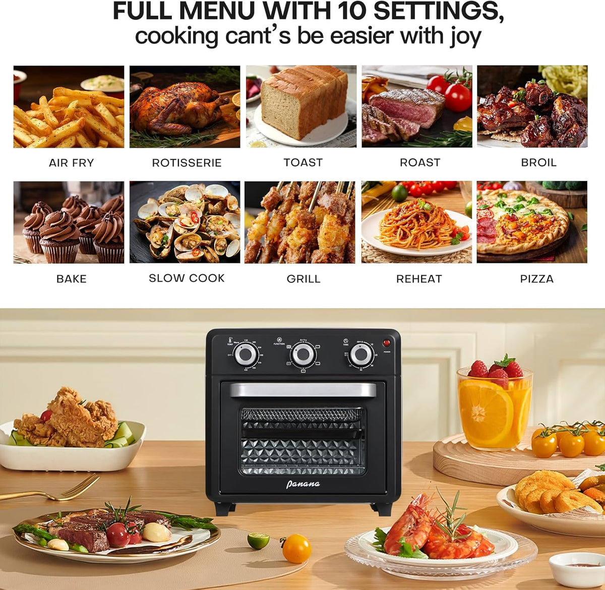 Panana Air Fryer + Convection Toaster Oven, 6-in-1 Air Fryer Toaster Oven Combo 1400W, 21QT Airfryer Convection Oven Countertop, Bake, Roast, Reheat, Broil, Dehydrate, (Black)