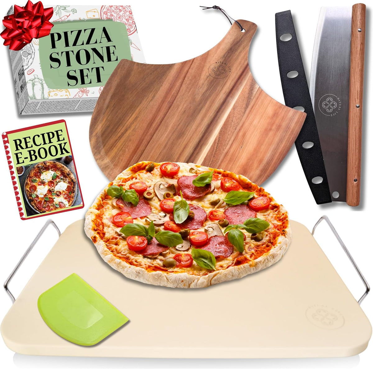 Pizza Stone for Oven and Grill Set - 5PCS Pizza Making Accessories Kit - 15 inch Pizza Stone with Handles, Pizza Peel, Pizza Cutter, Dough Tool - Baking Stone for Bread - Large Rectangular Oven Stones