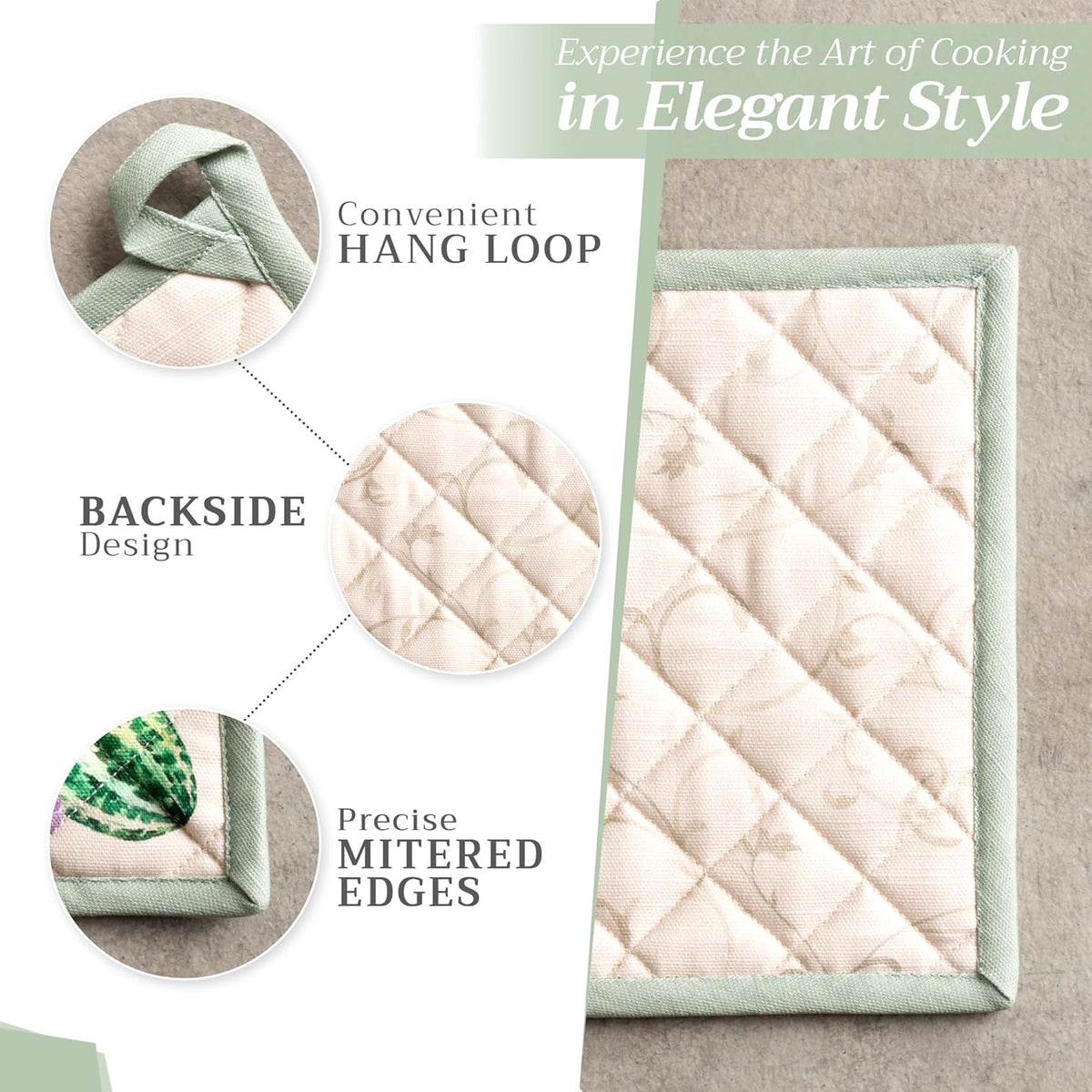 Maison d' Hermine 100% Cotton Oven Mitt & Pot Holder Set (7.5"x13" & 8"x8") Heat Resistant BBQ Cooking Gloves with Loop, Baking, Grilling, Kitchen, Handling Hot Pans (Lumina)
