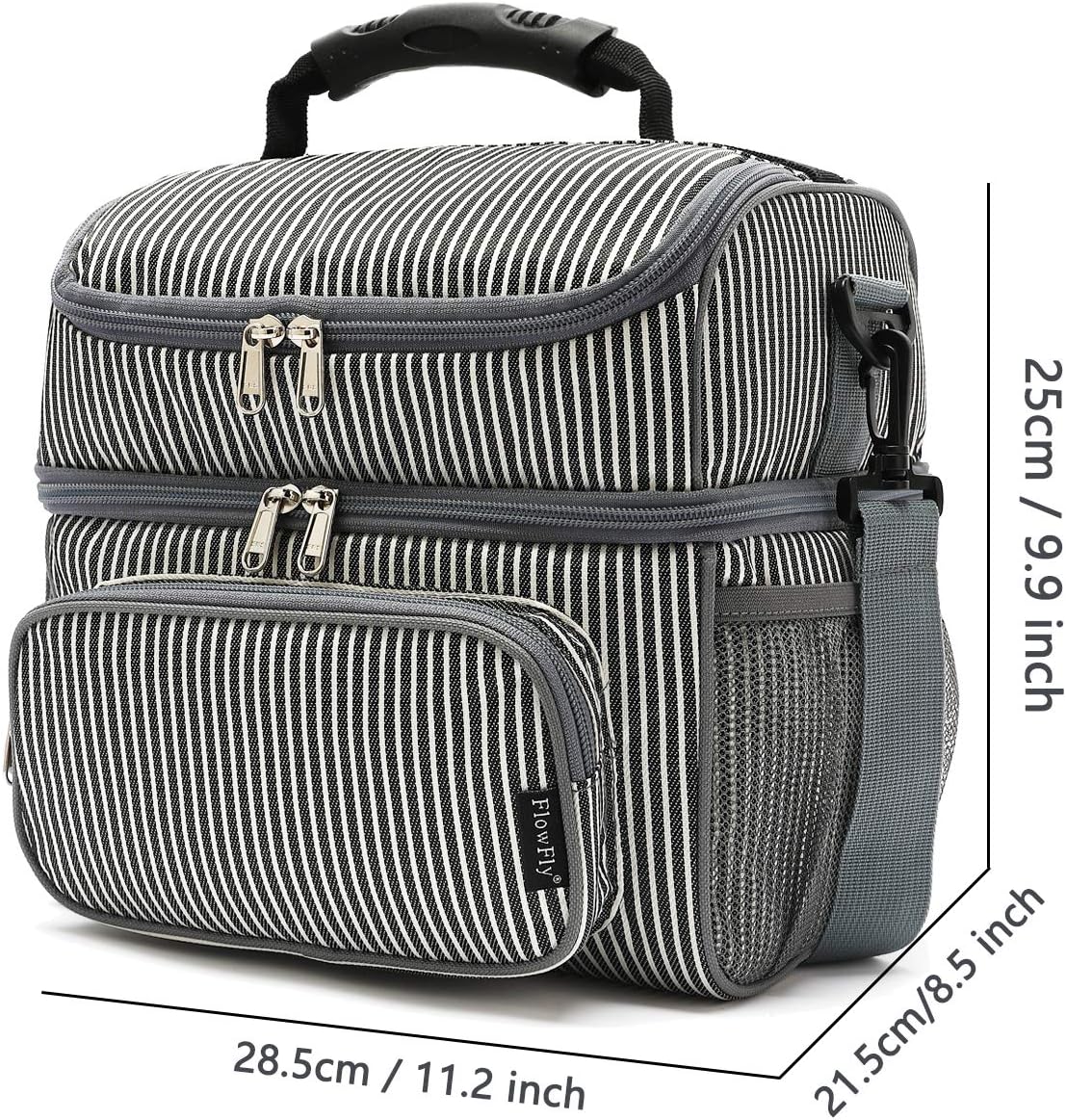 FlowFly Double Layer Cooler Insulated Lunch Bag Adult Lunch Box Large Tote Bag for Men, Women, With Adjustable Strap,Front Pocket and Dual Large Mesh Side Pockets