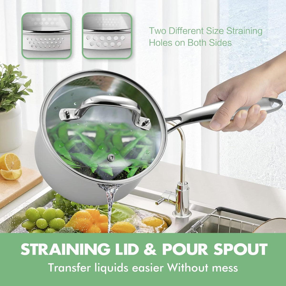 3.5 Quart Stainless Steel Pot Saucepan with Glass Strainer Lid, Sauce Pot with Two Side Spouts, Induction Cooking Pot, Multipurpose Sauce Pan with Lid for Cooking(Tri-Ply Full Body)