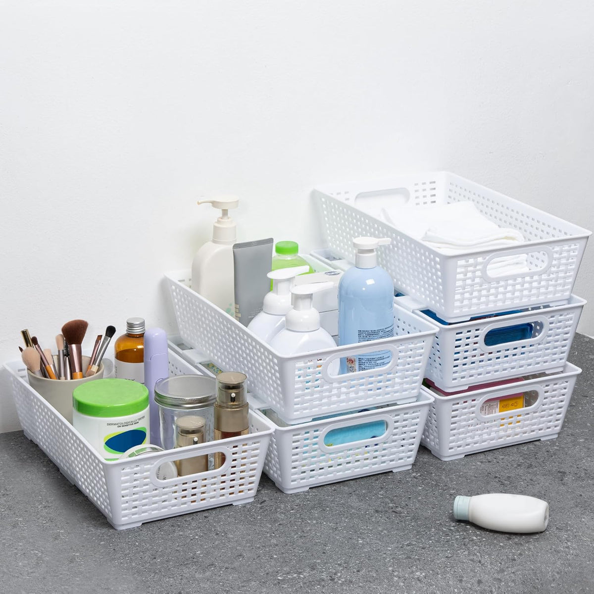 Stackable Woven Plastic Basket, Storage Bins for Cabinet, Closet, Shelf, Under Sink and Countertop, Pantry Organizer Bins, 6 Pack