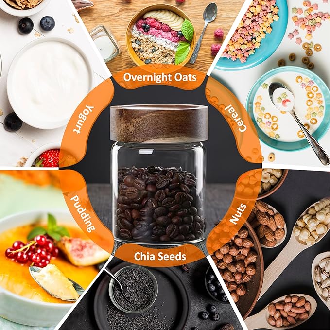 18 oz/550 ml Clear Glass Storage Canister with Airtight Wooden Lid, 4 Pack Small Overnight Oats Containers, Cute Decorative Salad Jar for Snacks Yogurt Spice Sugar Cereal Fruit Coffee Tea