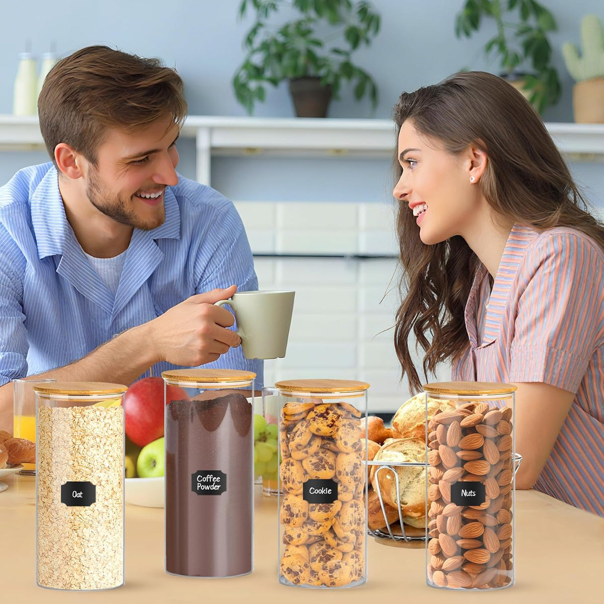 Glass Jars with Bamboo Lids, 58 oz 3 Pcs Kitchen Glass Containers with Bamboo Lids, Airtight Glass Pantry Storage Containers with Lids for Rice, Flour, Nuts, Cookie, Pasta, Oatmeal, Bean