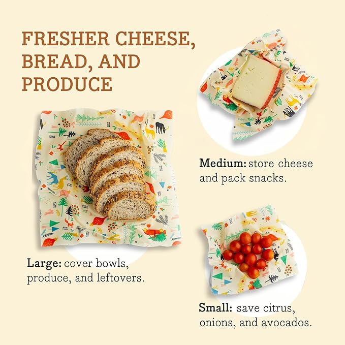 Bee's Wrap Beeswax Wraps for Food - Winter Wonderland 3 Pack (S, M, L) Made in USA Reusable & Organic Food Wraps, Sandwich Wrap & Bowl Covers - Eco-Friendly Alternative to Aluminum Foil & Plastic Wrap