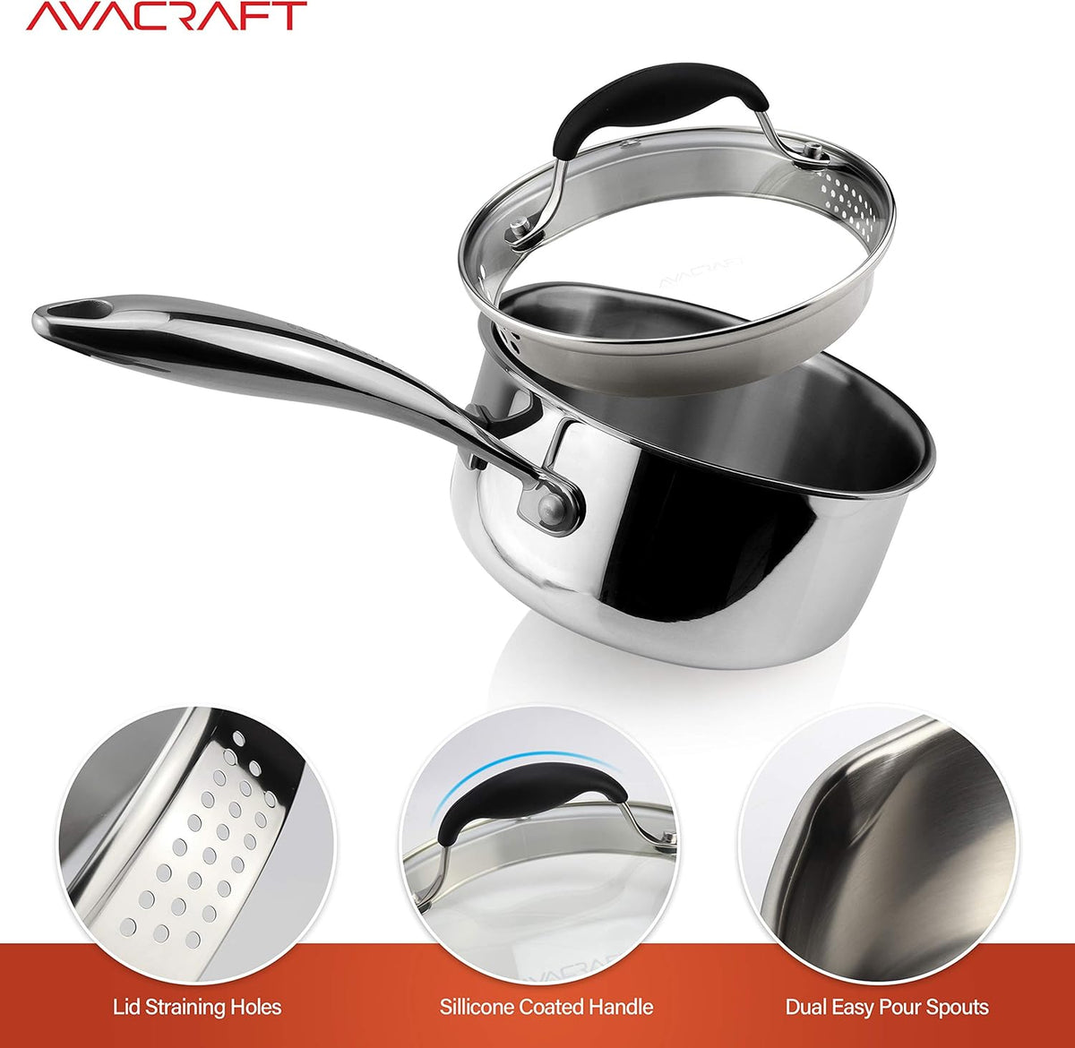 AVACRAFT Tri-Ply Stainless Steel Saucepan with Glass Strainer Lid, Two Side Spouts, Ergonomic Handle, Multipurpose Sauce Pan with Lid, Sauce Pot, Cooking Pot (Tri-Ply Full Body, 1.5 Quart)