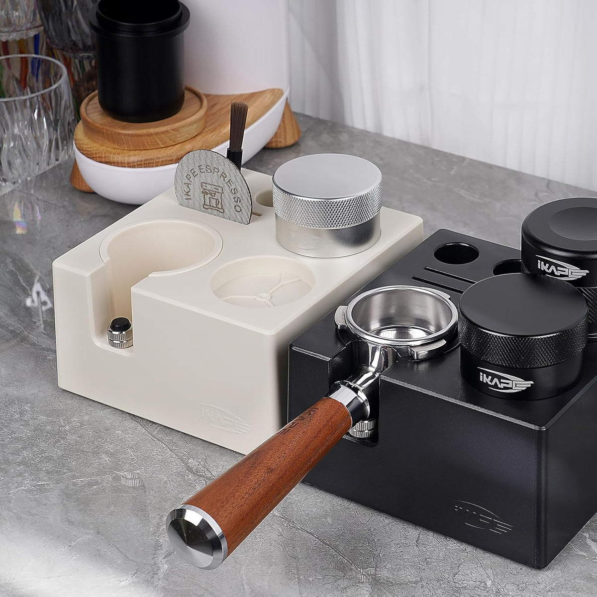 IKAPE ABS Espresso Knock Box, 7 in 1 Coffee Organizer Box Fit for Storage 51, 54, 58MM Espresso Tamper, Distributor, Portafilter & Puck Screen Accessories(White)