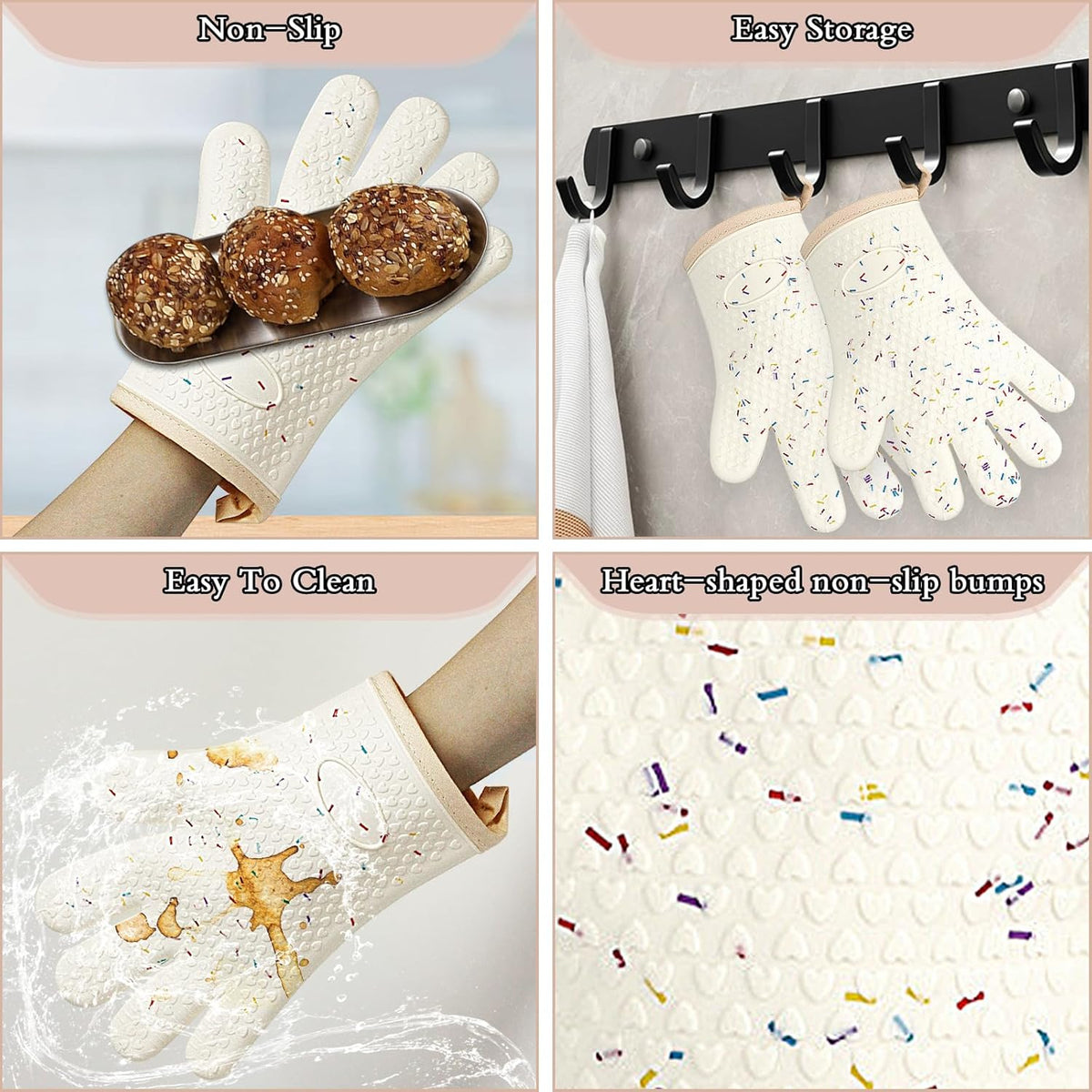 Oven Mitts with Fingers, Heat Resistant 500°F, Waterproof & Non-Slip Kitchen Gloves for Baking, Grilling, Cooking - 5-Finger Design with Soft Lining, Hanging Hook,Candy Bar