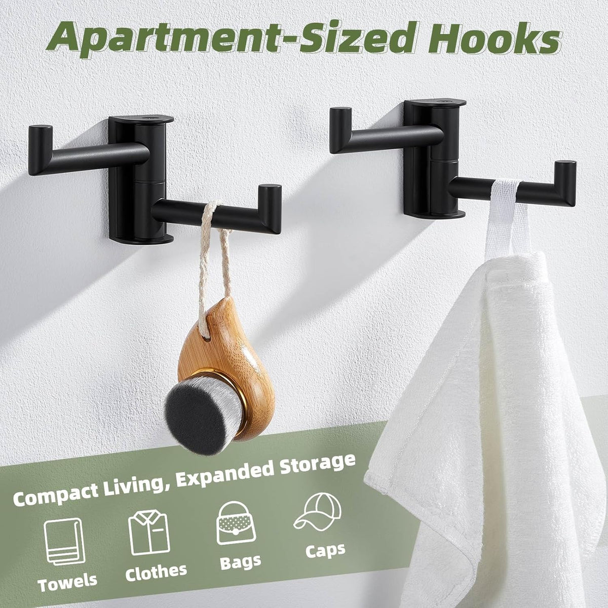 APLusee Swivel Towel Hook Matte Black 2 Pack, 304 Stainless Steel Towel Holder Bathroom Robe Hook, Folding Wall Hook Wall Mounted