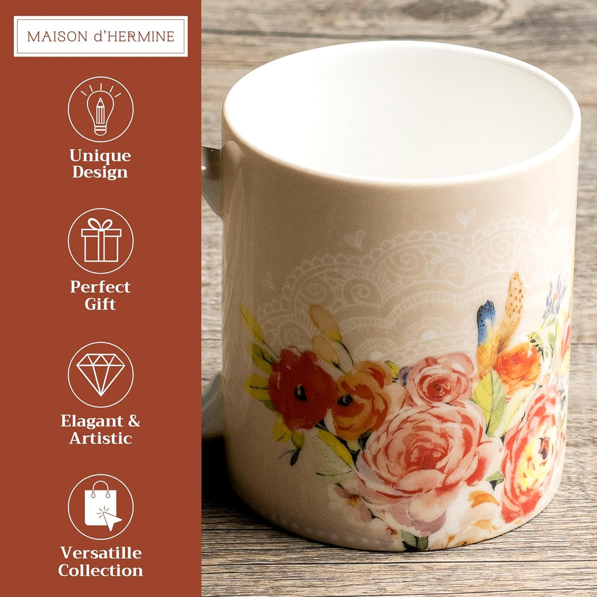 Maison d' Hermine Coffee Mug with Handles Fine Bone China Mugs Pack of One Tea Cups for Hot Beverages Cappuccino Latte Home Restaurant Office Perfect for Gift (Ibiza - Beige - Rose, 12 Ounce)