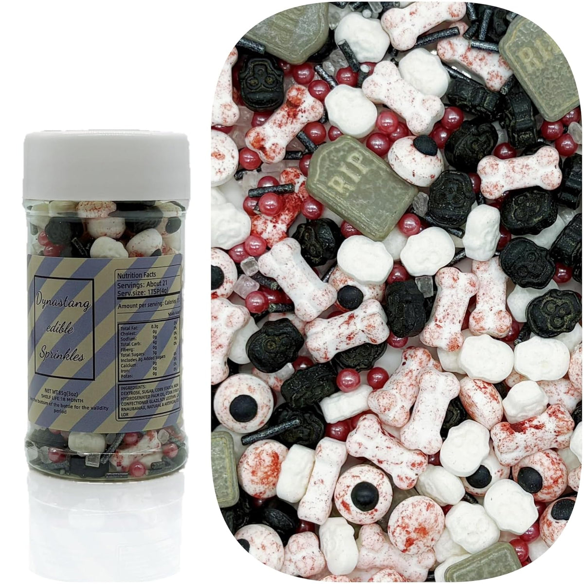 Dynastang Gravestones & Skulls & Bones Sprinkles Halloween Edible Eyes Cake Decoration Cupcake Toppers Cookie Decorating Perfect for Cakes, Cupcakes, Desserts Toppings 3OZ