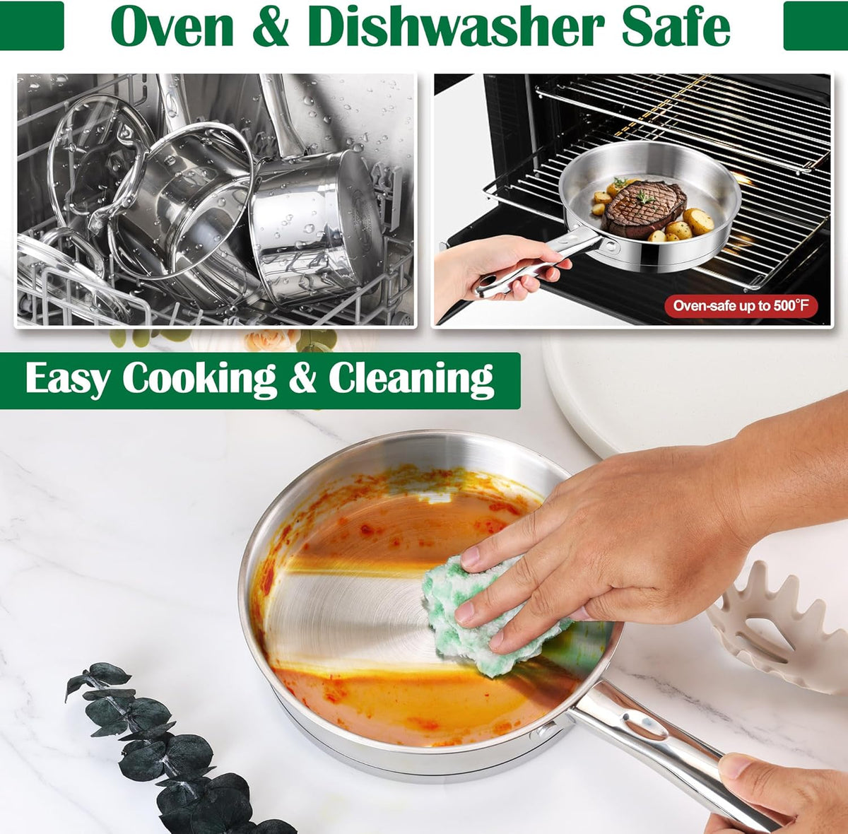E-far 10-Piece Stainless Steel Cookware Set, Induction Pots and Pans Set with Tri-Ply Base, Non-toxic Kitchen Cooking Set w/Frying Pan, Saucepan, Saute Pan, Stockpot with Lids, Oven & Dishwasher Safe