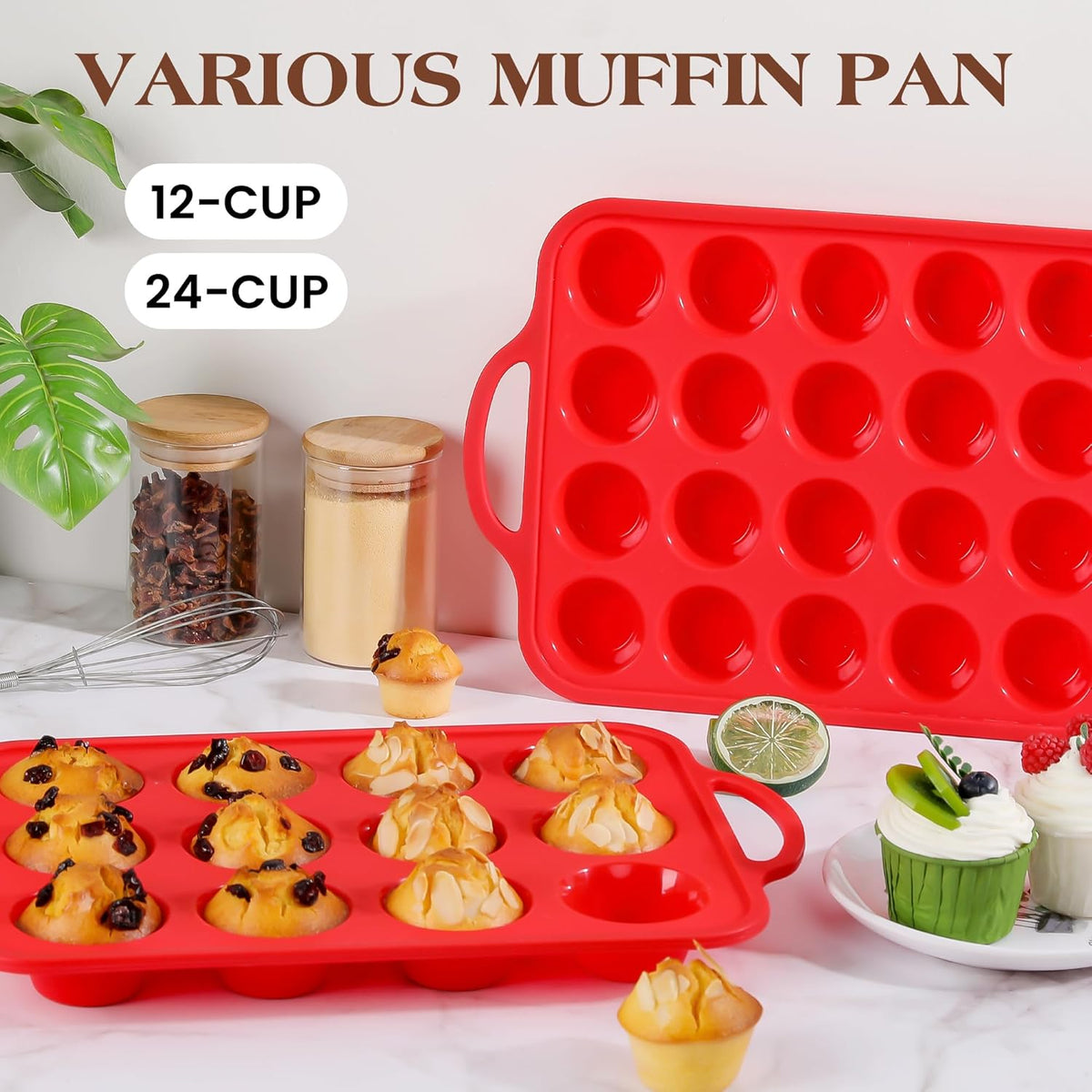 Silicone Muffin Pan for Baking 12 Cup Nonstick Cupcake Pan Small Silicone Cupcake Mold with Metal Reinforced Frame BPA Free (1 Pc, Red)