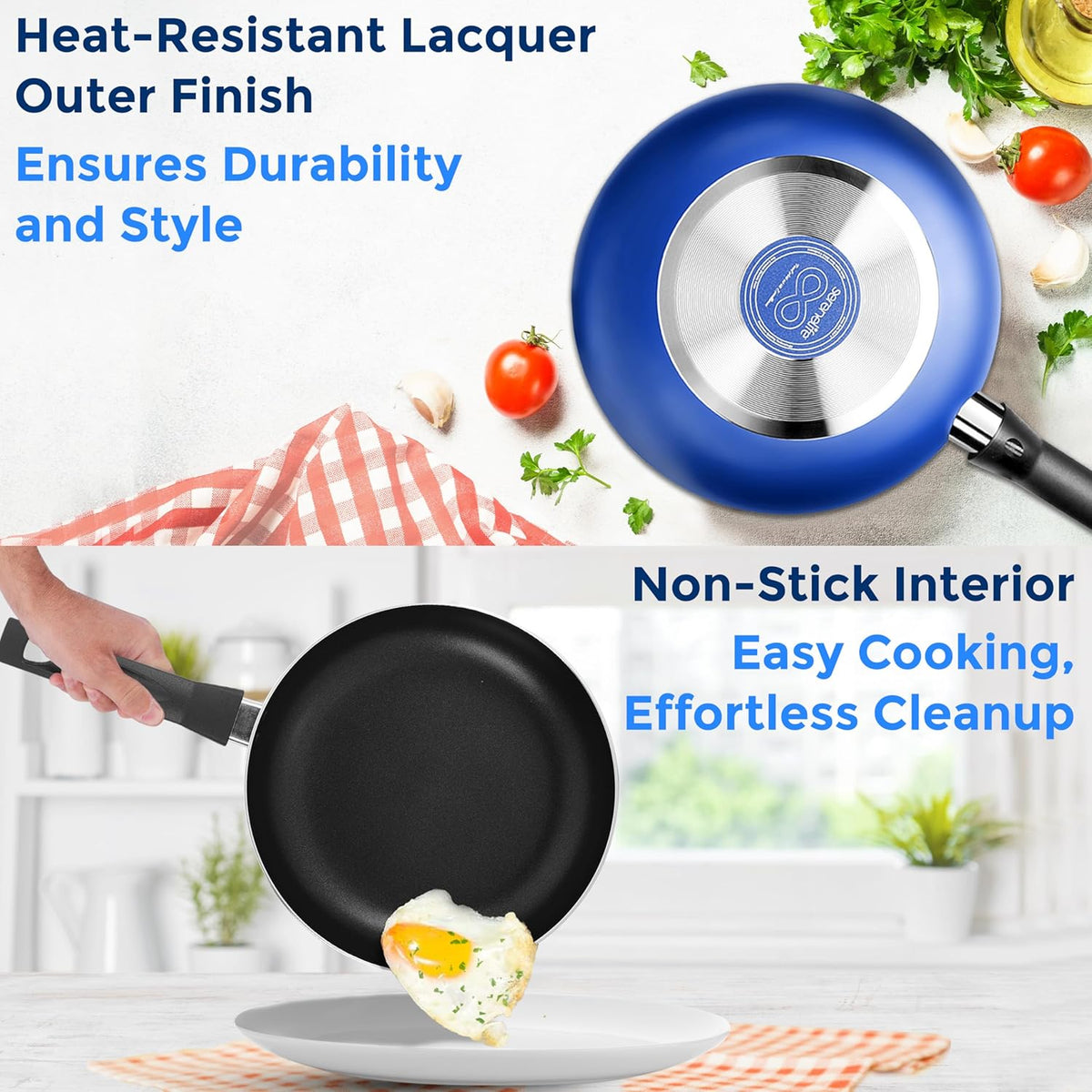 SereneLife 15-Pc Blue Cookware Set - Non-Stick, Heat-Resistant Pots & Pans with Lids, Dishwasher Safe, Includes Matching Utensils