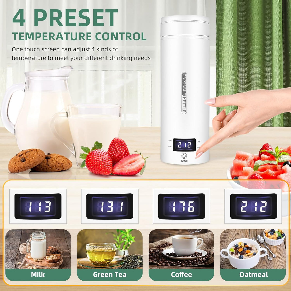 Travel Electric Kettle Portable Small Mini Tea Coffee Kettle Water Boiler, Water Heater with 4 Temperature Control,304 Stainless Steel with Auto Shut-Off & Boil Dry Protection, BPA-Free (White)