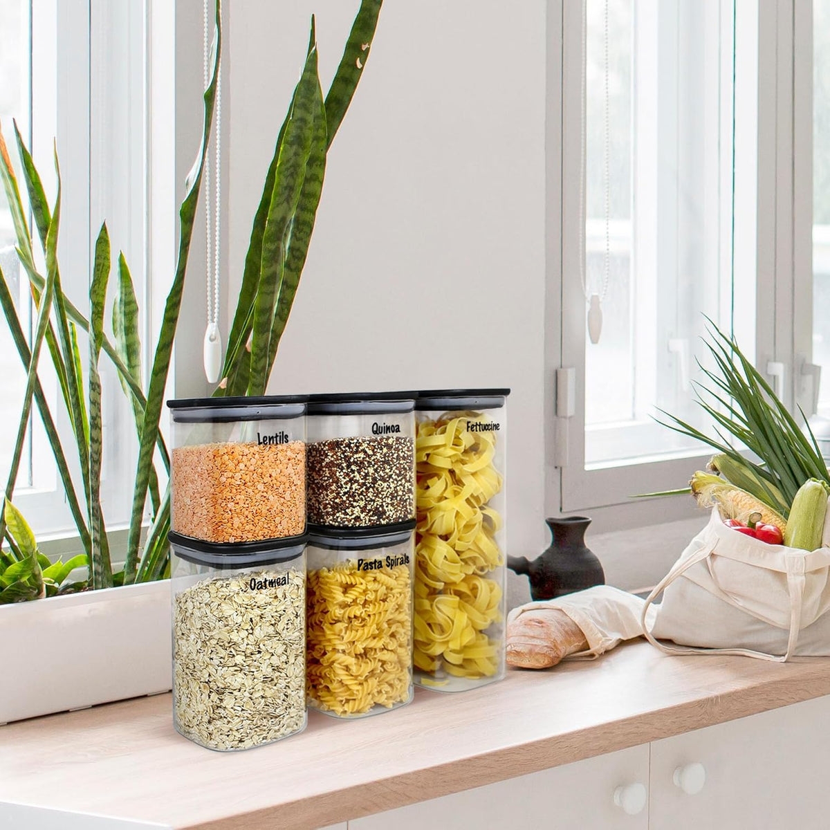 Urban Green Glass Jars with Black Bamboo Lids, food storage sets with airtight black lids, Glass Canisters Sets, Kitchen Organizing Jars (5 Sets of 27oz, 38oz, 66oz)