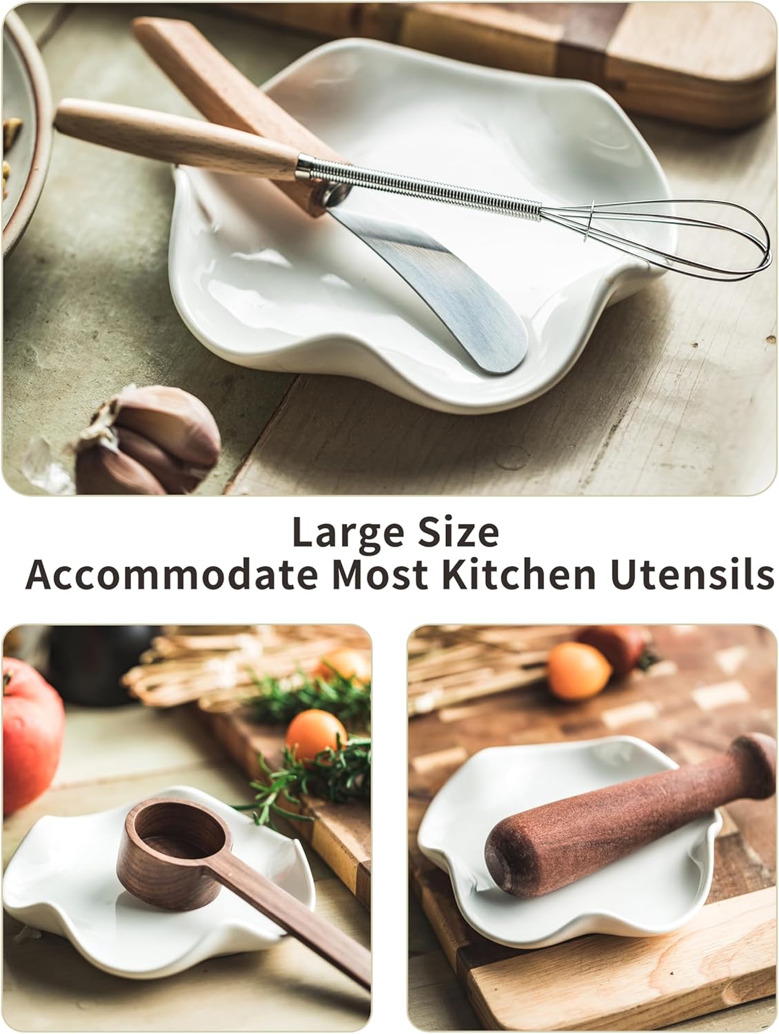 Spoon Rest for Stove Top, 5.2" Ceramic Spoon Holder for Kitchen Countertop, Coffee Spoon Rest, Large Cooking Spatula Holder for Spoons, Ladles or Tongs, Housewarming, Christmas Gifts, White
