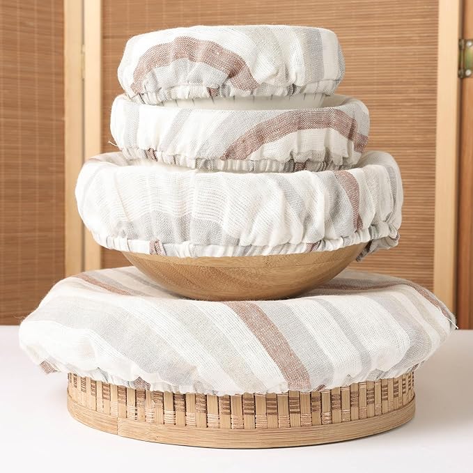 100% Linen Bowl Covers Reusable For Bread Proofing, 4 Pcs Elastic Cloth Fabric Colorful Stripe Bowl Covers, 5.9 * 7.9 * 9.8 * 11.8 Inches, Colorful 4