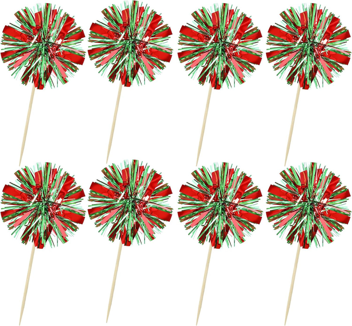 Ephlyn 30Pcs Foil Firework Cupcake Toppers Sparkle Tinsel Drink Birthday Cake Decorations Cocktail Food Fruit Toothpick for New Years Wedding Birthday Party Decorations Red Green