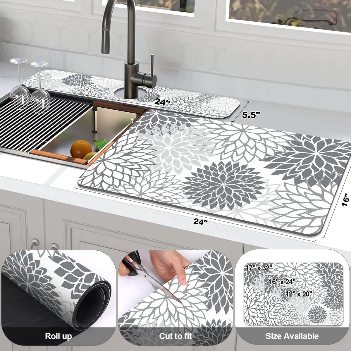 Findosom 2PCS 16" x 24" Dish Drying Mat & 24" x 5.5" Sink Splash Guard, Super Absorbent & Cuttable Dish Mat Drying Kitchen Mat with Gray Floral, Hide Stain Drying Mat for Kitchen Counter