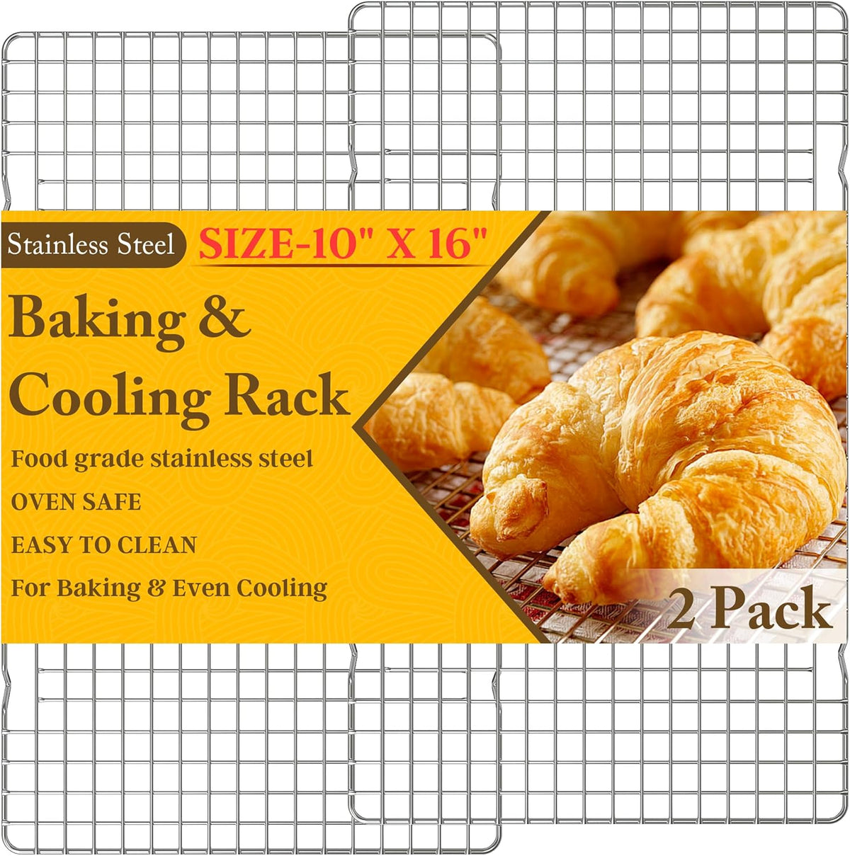 2PCS Cooling Racks for Cooking and Baking - 10" x 16"Heavy Duty Stainless Steel Wire Rack for Baking, Grilling, Roasting - Oven & Dishwasher Safe - Fits Half Sheet Pan（Silver）