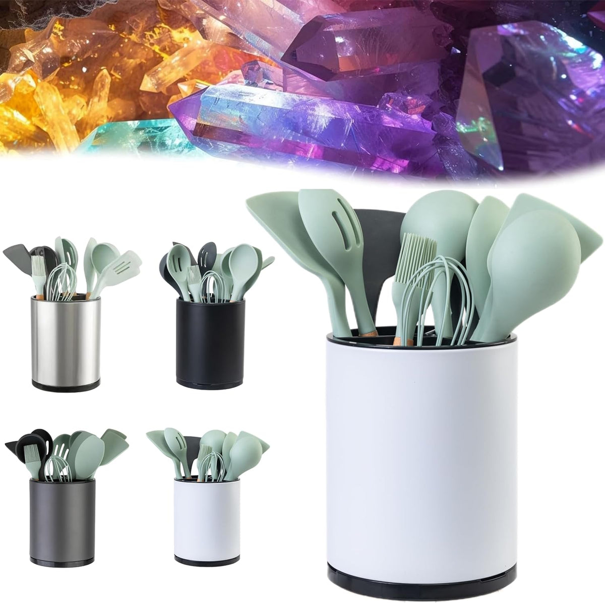 Utensil Holder For Kitchen Counter Organizer Extra Large Silverware Caddy Cooking Utensil Stainless Steel Rotating Kitchen Storage 3 Compartment Flatware Spoon Spatula
