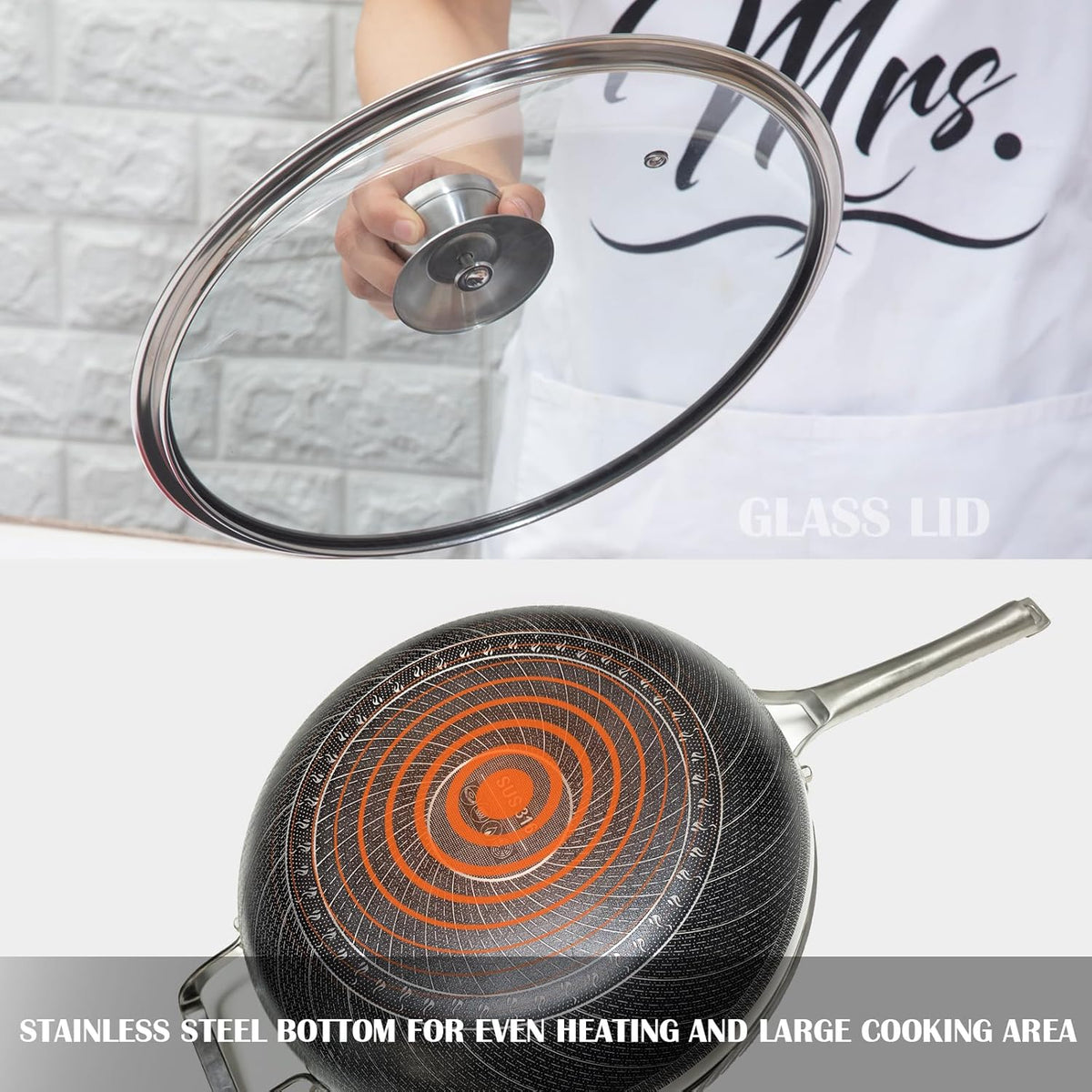 Wok,13 Inch Hybrid Woks & Stir-Fry Pans Nonstick, Large Stainless Steel Wok with Lid,Induction Non Stick Woks,PFOA Free Cookware,Dishwasher And Oven Safe