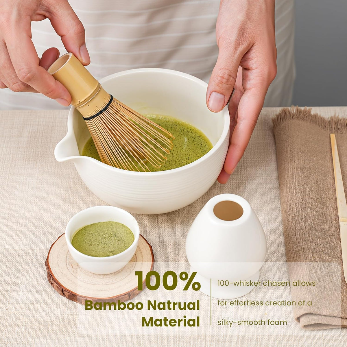 Matcha Whisk Set, Handcrafted Bamboo Chasen & Ceramic Bowl Matcha Kit, Complete 5 Pcs Matcha Set Whisk and Bowl W/Stainless Steel Sifter, Bamboo Scoop & Holder for Matcha Tea Ceremony (White)