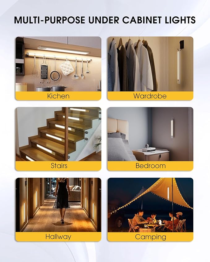 20 Inch Under Cabinet Lighting, 3Pack 5CCT Dimmable Closet Lights, Motion Sensor LED Lights of Battery Operated, Rechargeable Under Counter Light for Kitchen, Stairs, Bedroom, Wardrobe