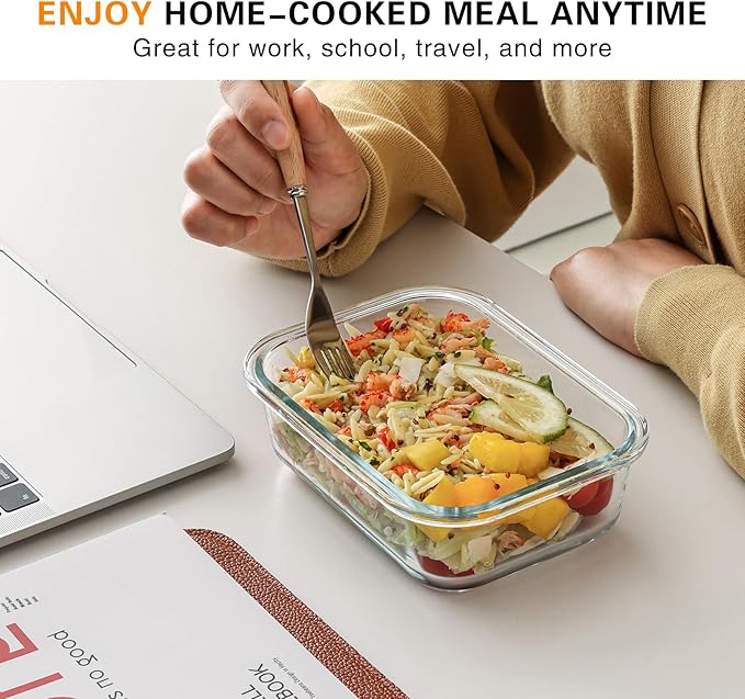 10 Pack 22 Oz Glass Meal Prep Containers with Lids, Reusable Glass Food Storage Containers with Lids, Leak Proof, Microwave, Oven, Freezer and Dishwasher Safe (White)