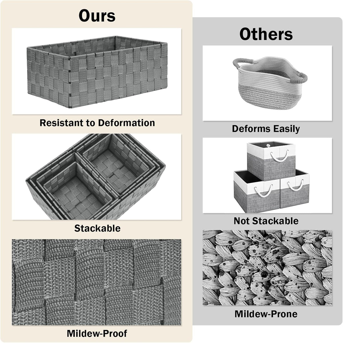 Woven Storage Baskets, Storage Bins, Cube Basket Container Baskets Storage Boxes Organizers for Clothes /Shelves/ Closet, Set of 6 (Grey)