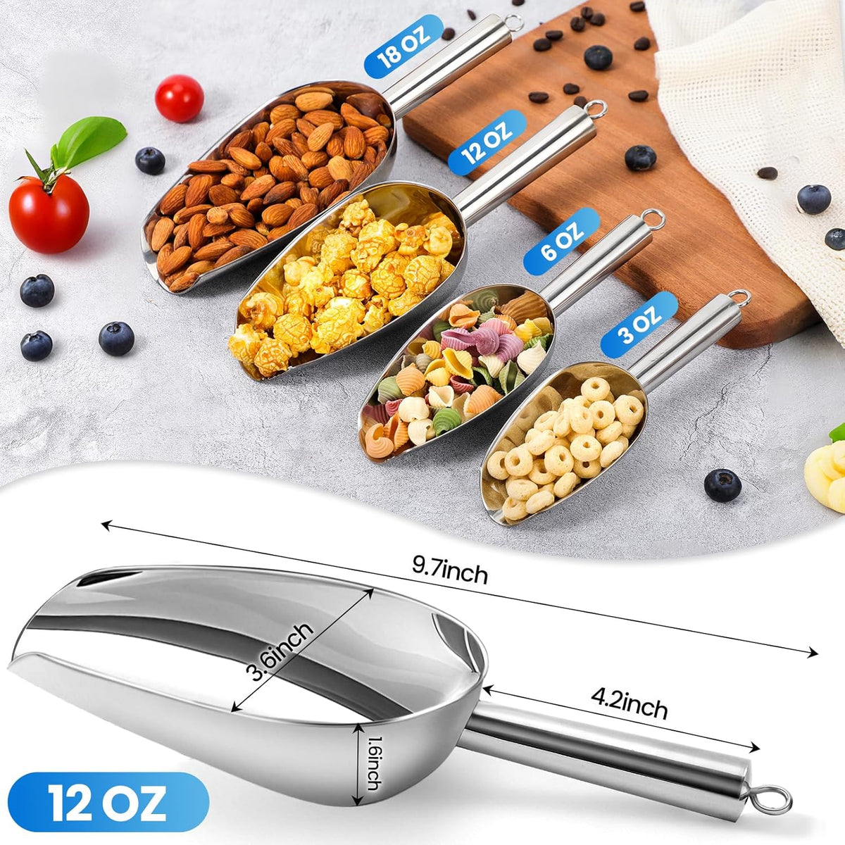 12oz Stainless Steel Ice Scoop for Freezer – Dishwasher Safe Metal Scooper with Long Handle for Ice Machines, Buckets, Dog Food, Flour, and Canisters – Ideal for Bar, Parties & Weddings