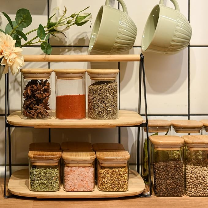 Glass Food Storage Jars Square 4oz, 12 Pack Glass Jars With Bamboo Lids, Kitchen Storage Containers For Spice, Candy, Cookie, Storage For Pantry Organizers