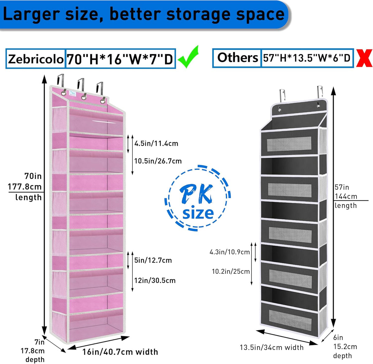 over the door organizer, Solid Bamboo Board (Not Plastic!) 6-Tier Heavy Duty 75LB, 12 Side Pockets, 3 Reinforced Hooks & Anti-Slip Pads, Waterproof & Washable, No Sagging, No Door Damage,Pink