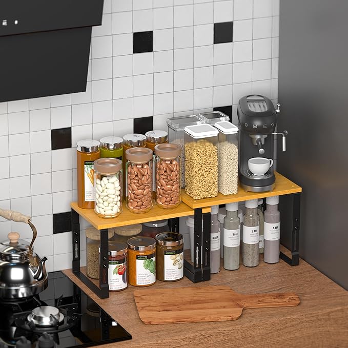 Expandable Kitchen Cabinet Organizer Shelves – Stackable Adjustable Metal and Wood Storage Racks for Countertop, Pantry, Garage Set of 2 Spice Rack – Easy Assembly, Space-Saving(1 Pack/Medium/Black)
