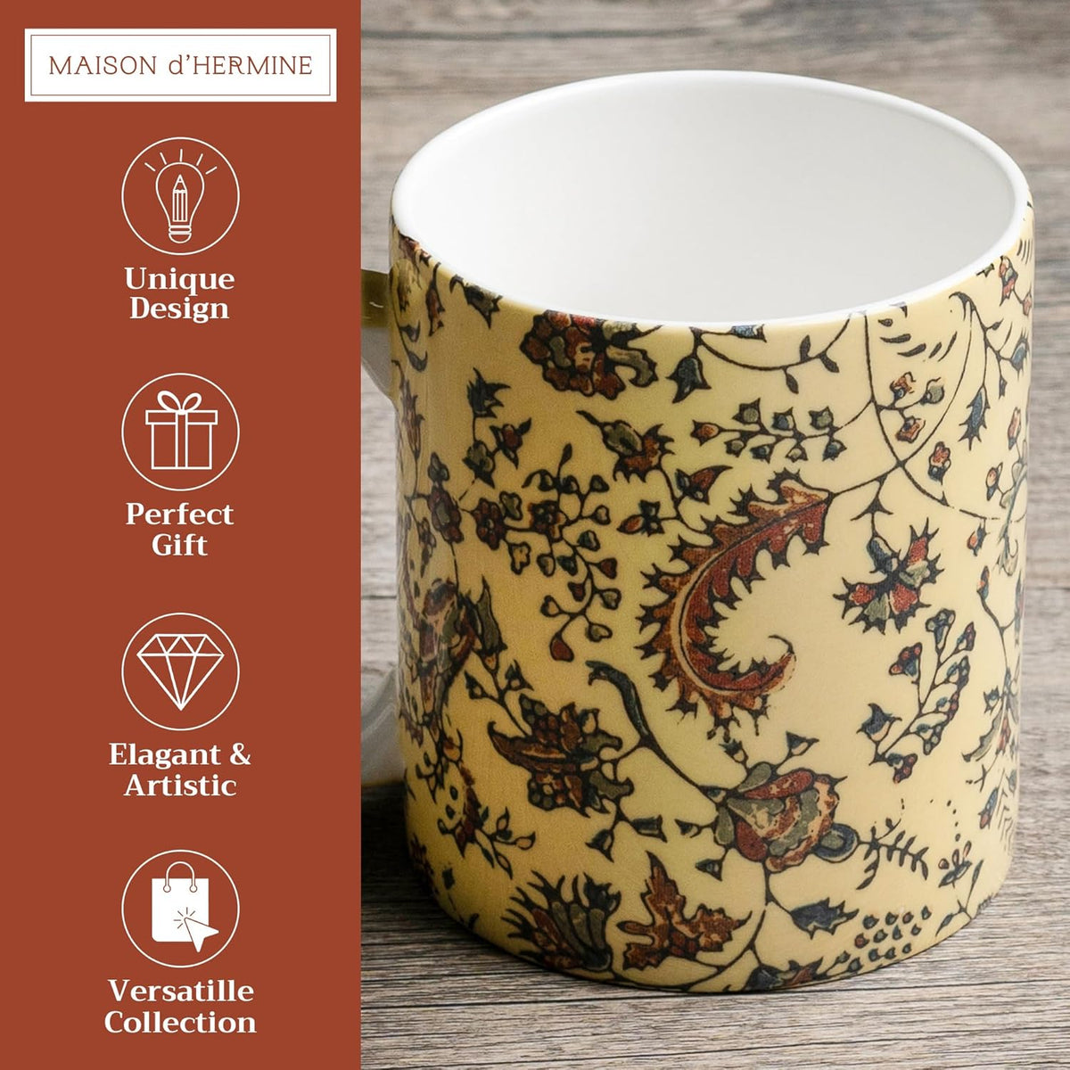 Maison d' Hermine Coffee Mug with Handles Fine Bone China Mugs Pack of One Tea Cups for Hot Beverages Cappuccino Latte Home Restaurant Office Perfect for Gift (Lakshmi - Arum, 12 Ounce)