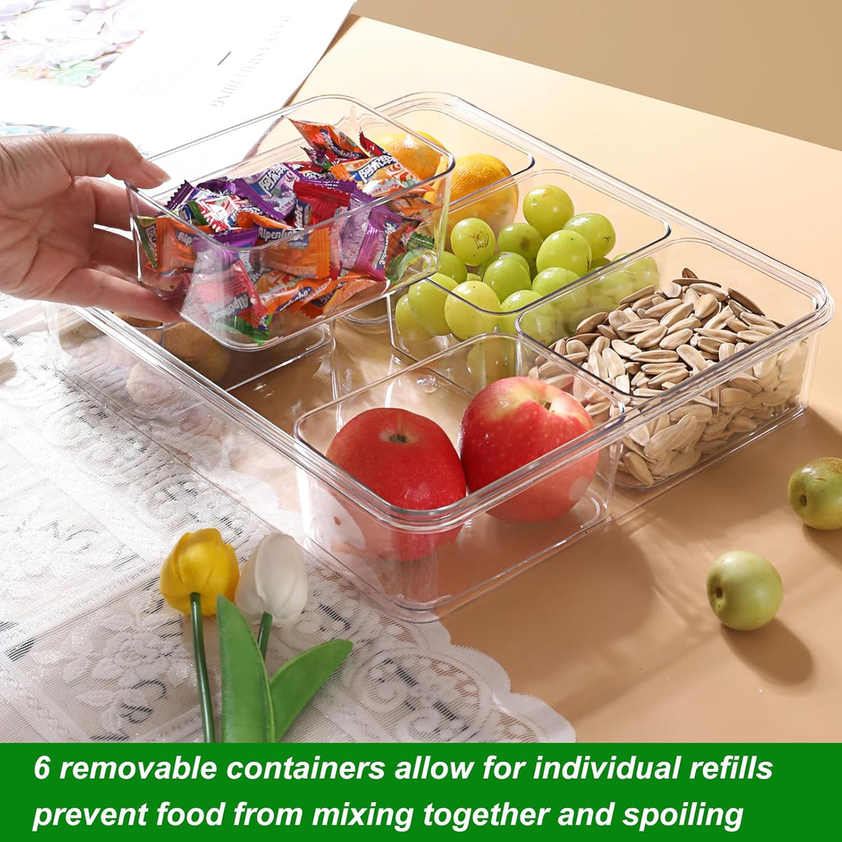 Taiuloo Divided Serving Tray with Lid & Handle, Airtight 6 Compartment Snackle Box Charcuterie Container, Fridge Organizer Bins, Food Storage Container Veggie Tray for Snack, Fruit, Candy, Nuts