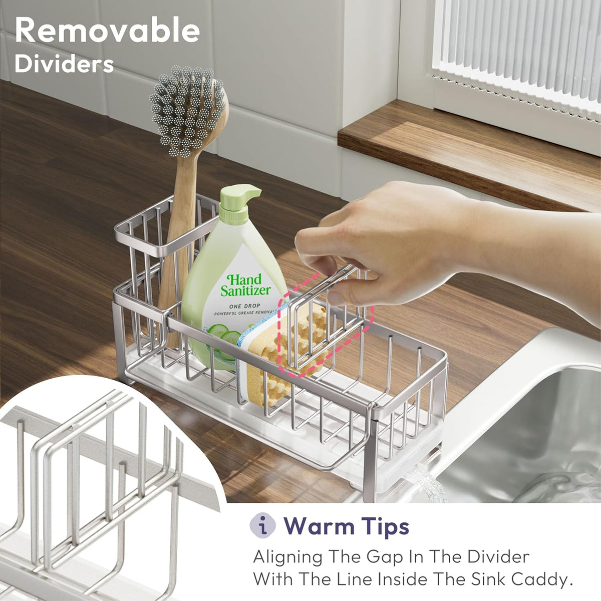 SWTYMIKI Sponge Holder for Kitchen Sink - Sink Caddy with Brush Holder Self-draining Sponge Caddy Organizer with Divider Stainless Steel Kitchen Accessories Storage for Countertop, Sand Nickel