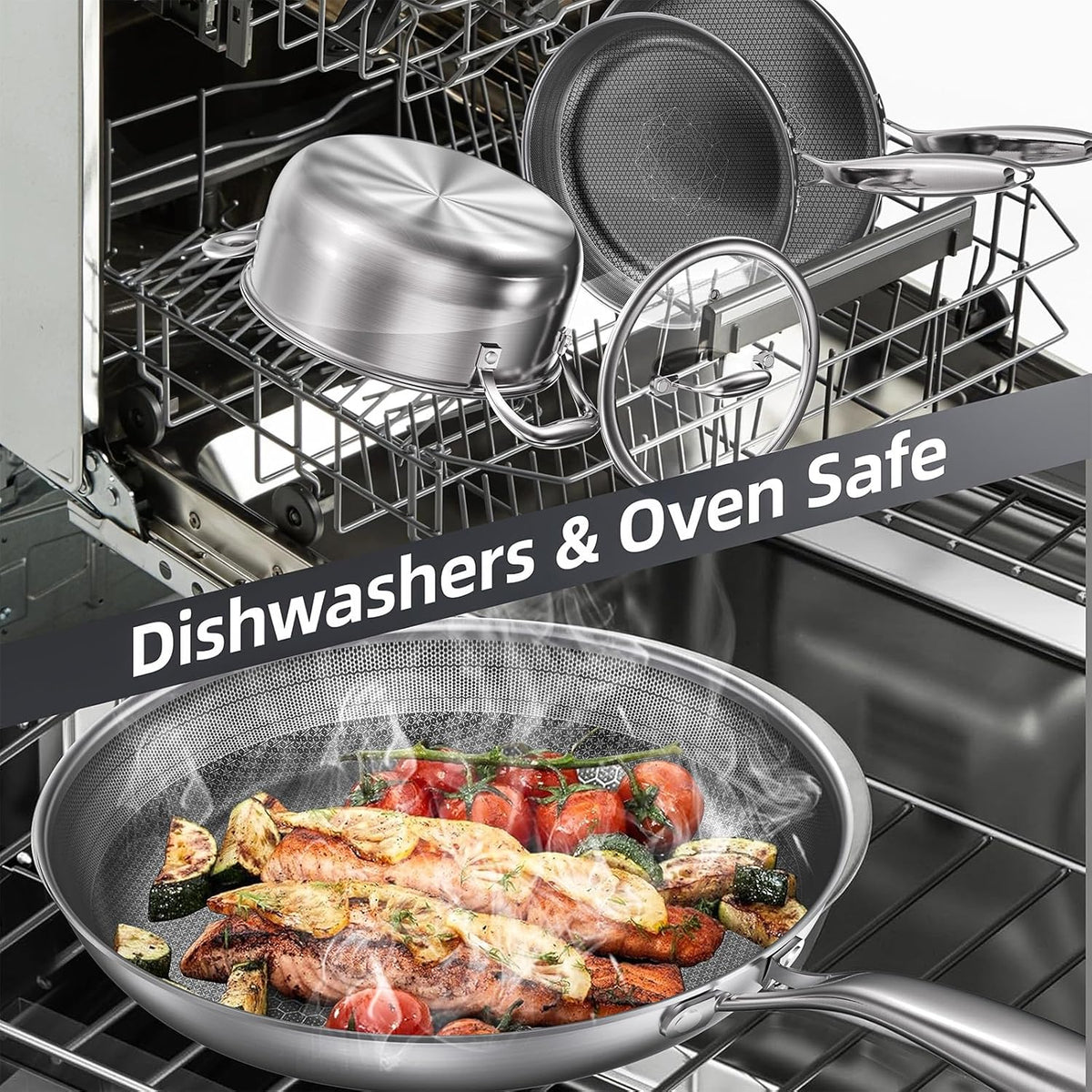COOKING KING 10-Inch Stainless Steel Pan, Hybrid Nonstick Frying Pan, Skillet, 3-Ply Clad Cookware, Even Heat Distribution, Dishwasher & Oven Safe, with Stay-Cool Handle, Induction Compatible