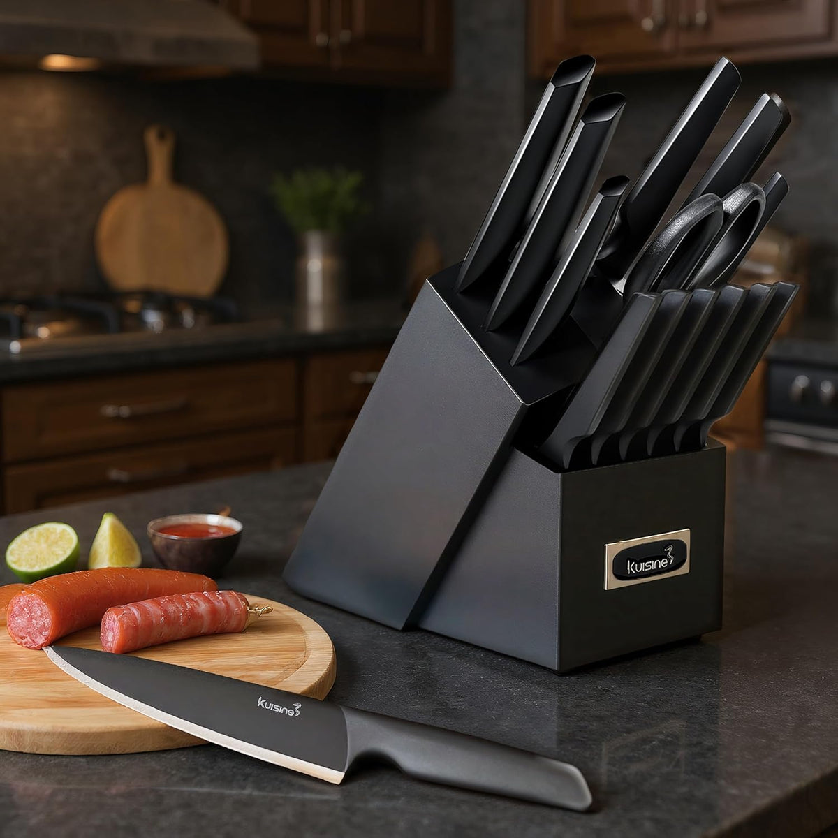 KUISINE Chef Knife Set One Piece Molding High Carbon Stainless Steel,Super Sharp Blade Ergonomic Steel Handle,Knife Block Set with Built-in Sharpener(EX Black Pro,15PCS)