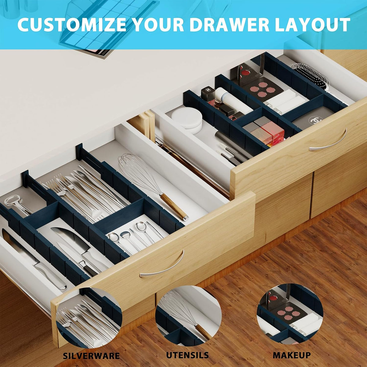 6 Pack Bamboo Drawer Dividers with 12 Inserts, Expandable Adjustable Clothes Drawer Organizers and Storage from 17" to 22" for Kitchen, Bedroom, Dresser, Cosmetics (Navy Blue)