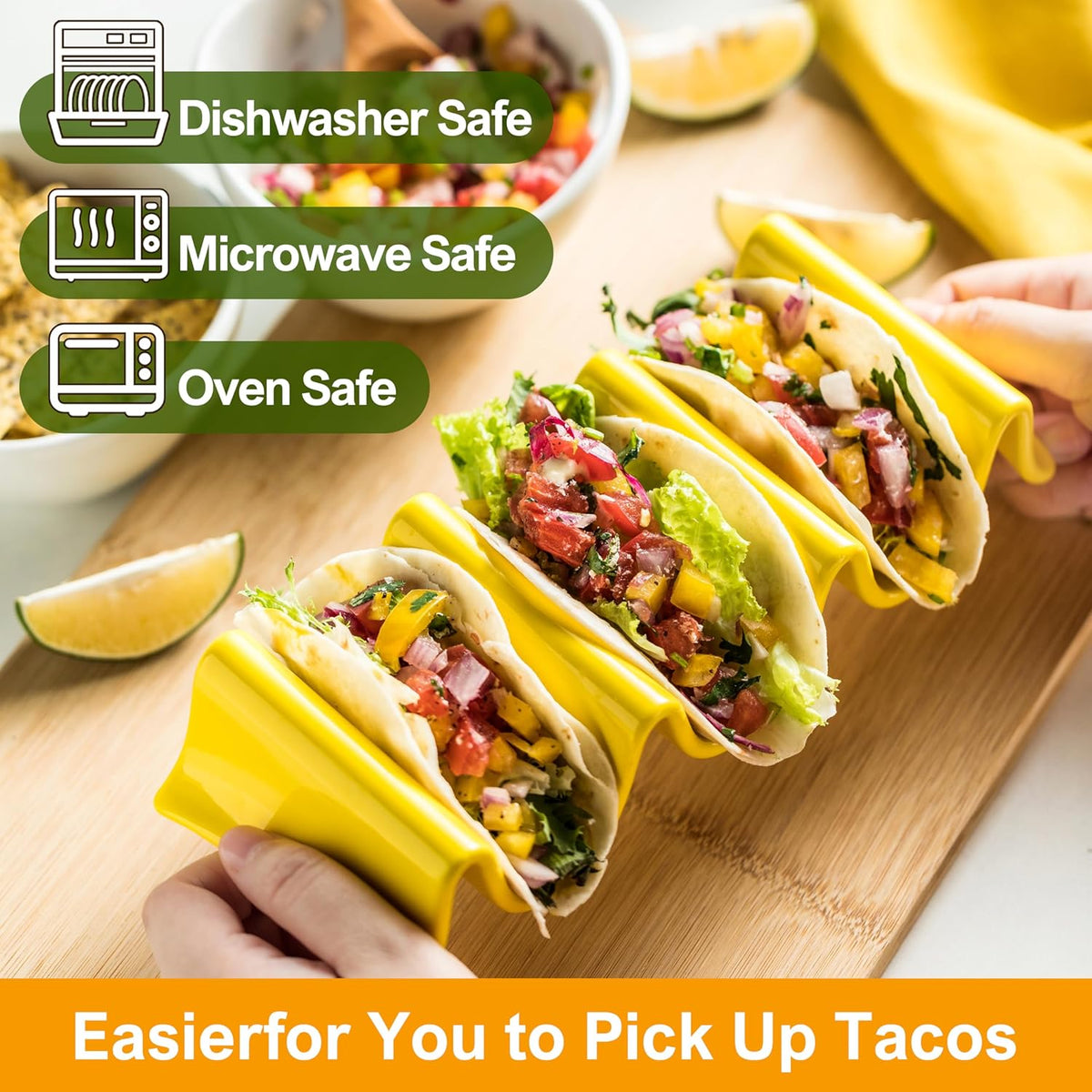 Large Taco Holder Stand, Porcelain Taco Tray with Handles Set of 2 - Perfect for Burritos and Tortillas Holder, Soft or Hard Taco Shell Holder, Keeping Shells Upright - Oven and Grill Safe, Yellow