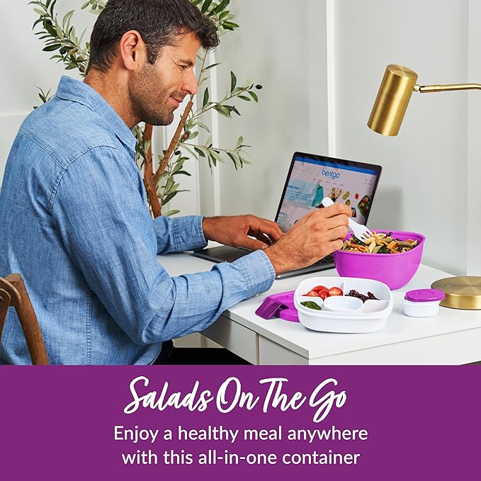 Bentgo Salad Container - 54 oz Bowl with 4-Compartment Toppings Tray, Leak-Proof Dressing Container, Reusable Fork, BPA-Free Lunch Box for Meal Prep & Food Storage; Removable Bento Tray (Purple)