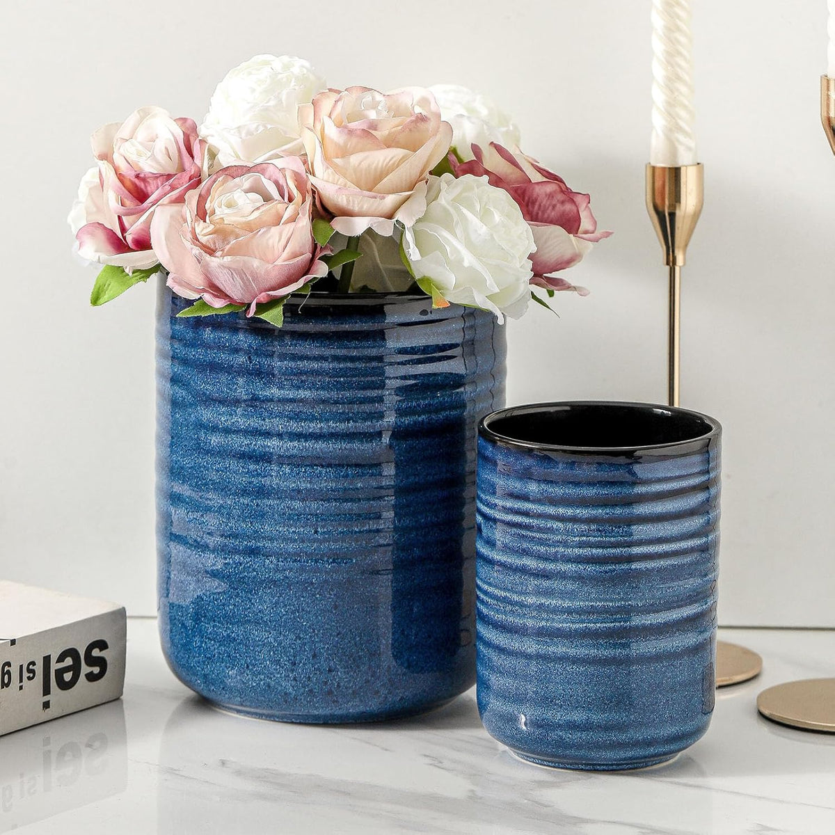 Hasense Ceramic Utensil Holder, 7.4"+5.5" Kitchen Utensil Holder Crocks for Countertop, Modern Kitchen Tool Organizer for Spatulas, Whisks, and Tongs, Farmhouse Home Decor, Set of 2, Blue