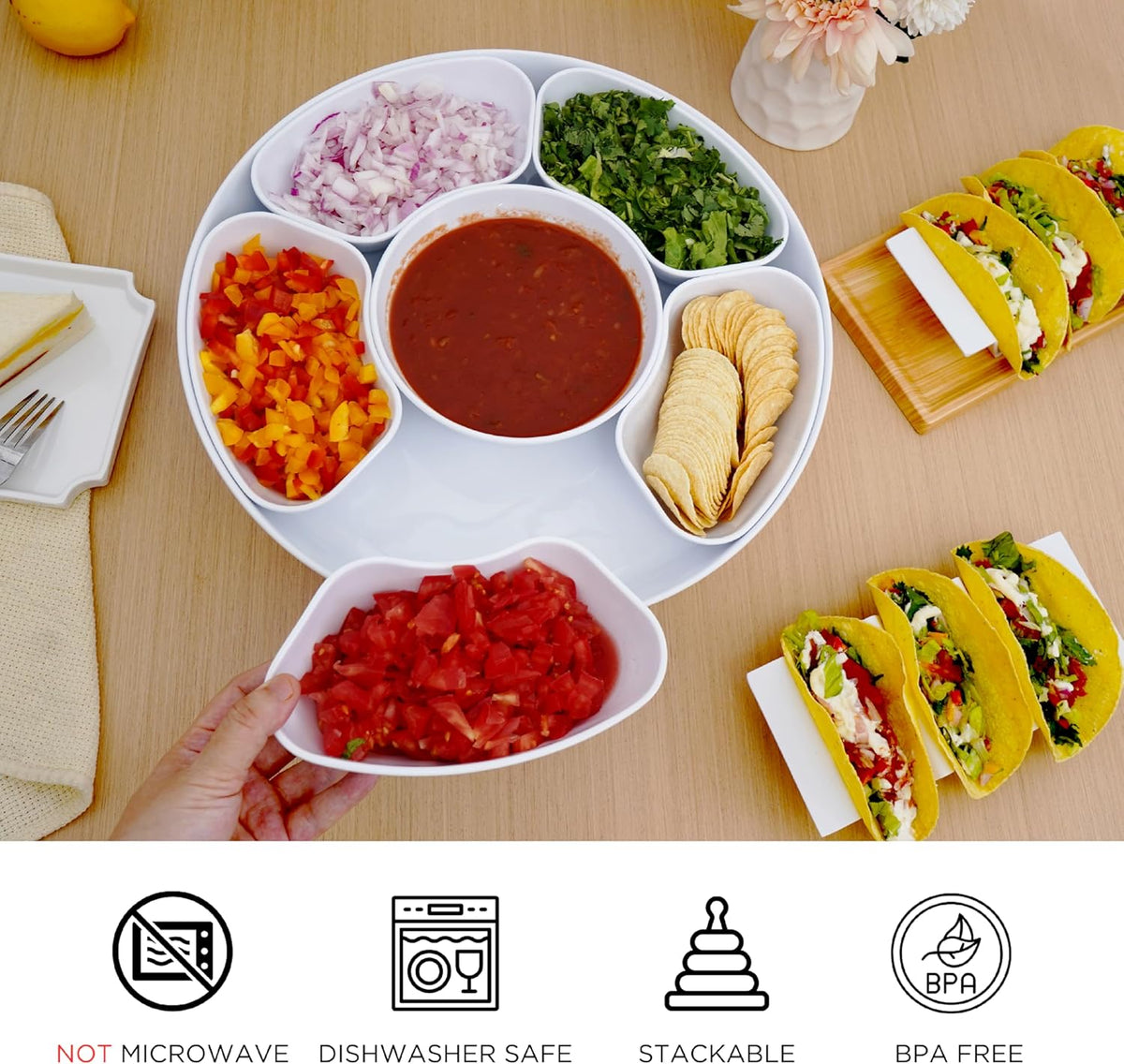 TP Taco Bar Serving Set, Melamine Serving Platter with Lazy Susan, Serving Tray and Bowls, Taco Tuesday Kit Snack Holder for Party and Fiesta, White