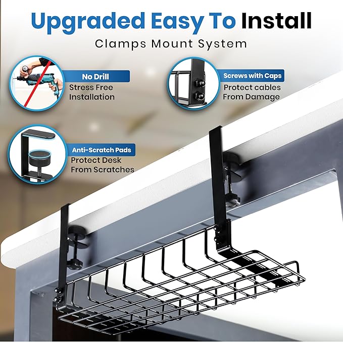 Under Desk Cable Management Tray, 16” No Drill Cord Organizer with Clamps for Wire Management, 4mm Sturdy Wire Desk Cable Organizer Tray, Cable Management Rack for Office
