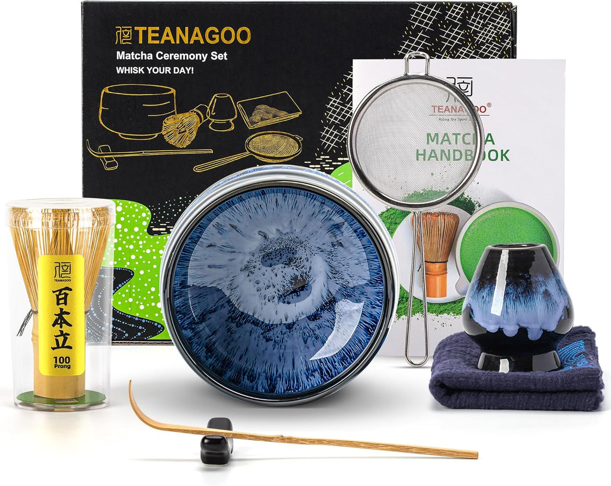 TEANAGOO 7 Pcs Matcha Whisk Set, Matcha Set for Ceremony, Matcha Kit Junware-Blue, Matcha Tea Set for Making Breakfast/Latte, Matcha Whisk Gift Set and Bowl with All Accessories